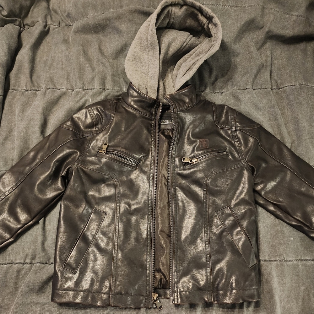 Urban Republic Dark Brown Faux Leather Jacket with Gray Hood